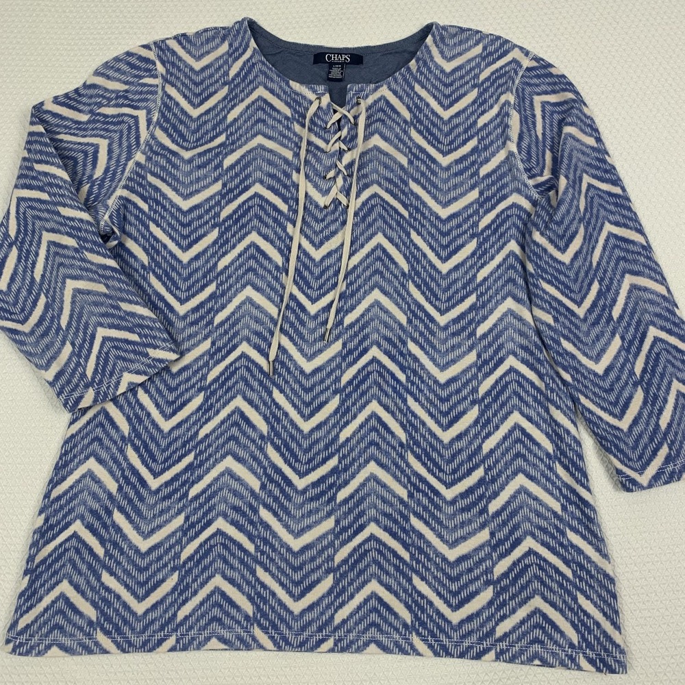 Chaps Chevron Top Women's Large Blue Lace Up Beach Pullover 3/4 Sleeve Cotton - Picture 2 of 12